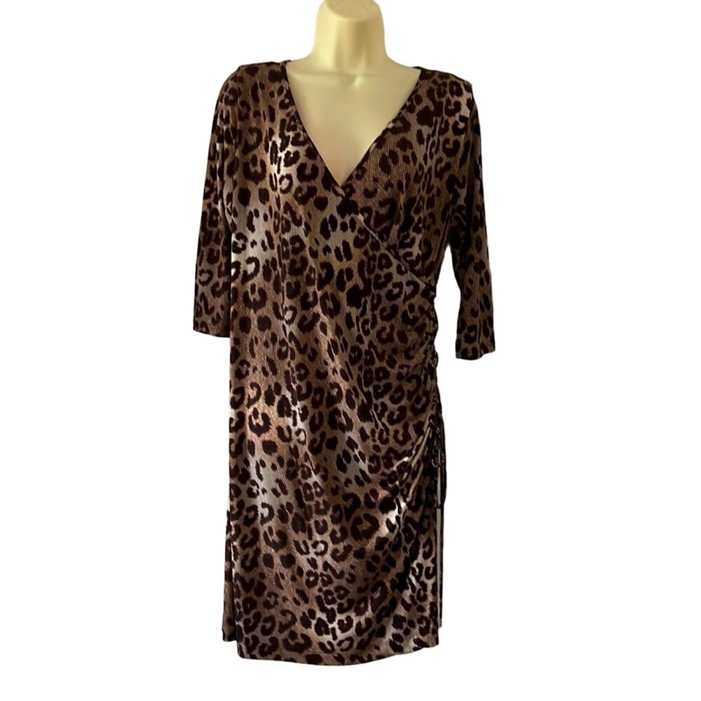 Clara Sun Woo Animal Print Slinky Knit Ruched Dress Woman Size Medium Faux Wrap